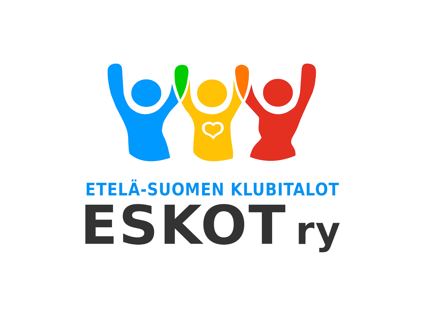 Eskot ry:n logo tekstillä ’Etelä-Suomen Klubitalot Eskot ry’ ja symboli kolmesta ihmishahmosta, jotka pitävät toisiaan käsistä kiinni kädet kohotettuina.